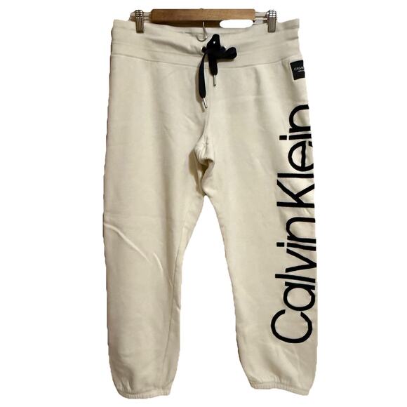 Calvin Klein Vertical Logo Sweatpants, Ivory With Black, Large, Logo Patch, EUC - Picture 1 of 7